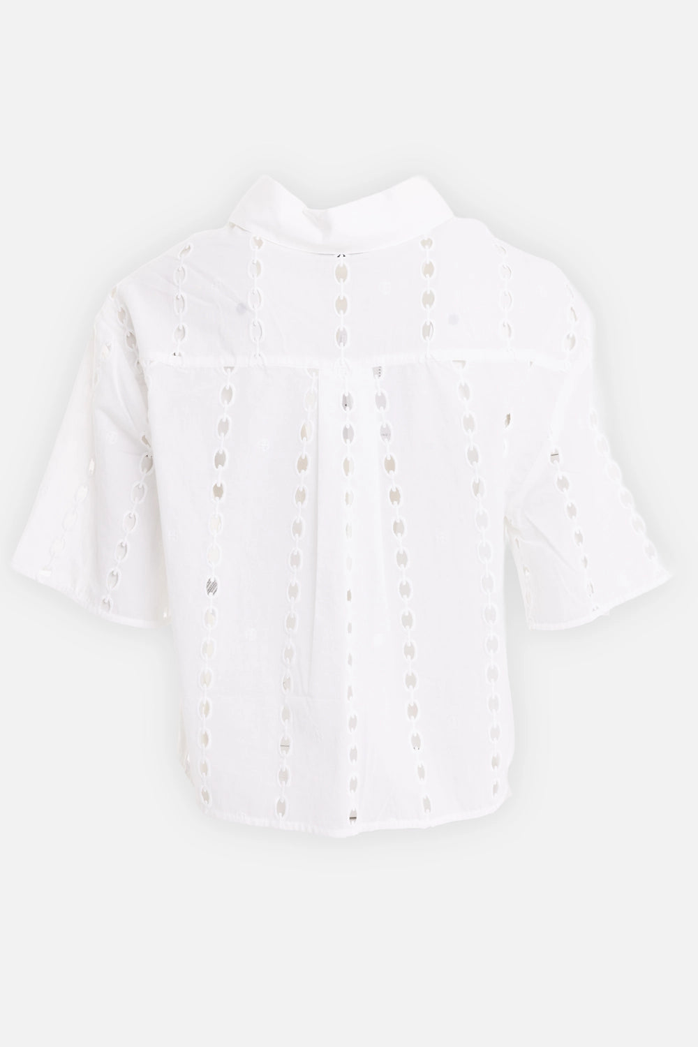ANINE BING women’s cotton shirt in white, back view, box pleat and chain-link cutwork stripes