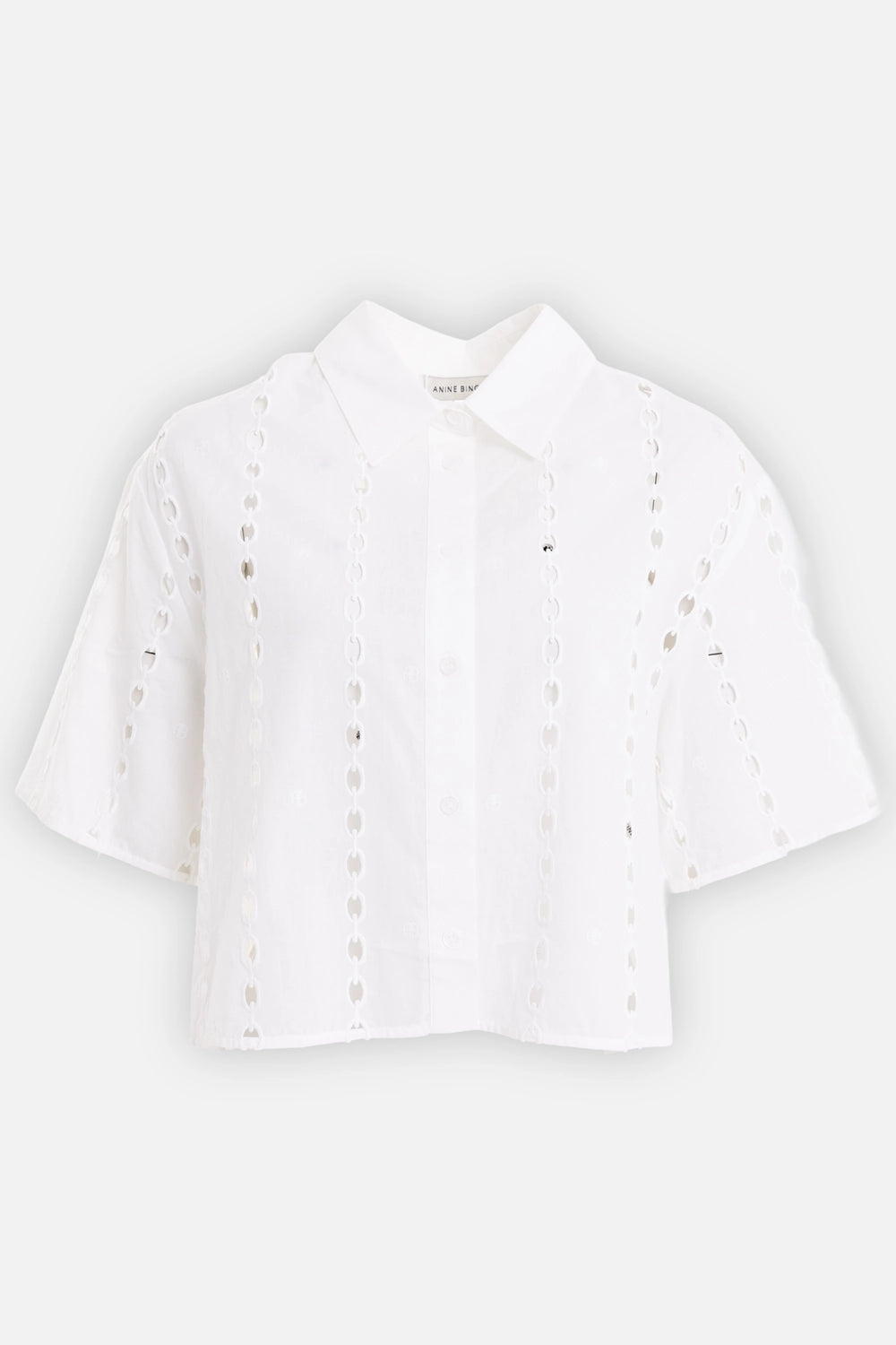 ANINE BING women’s cotton shirt in white, front view, solid collar and hidden button placket