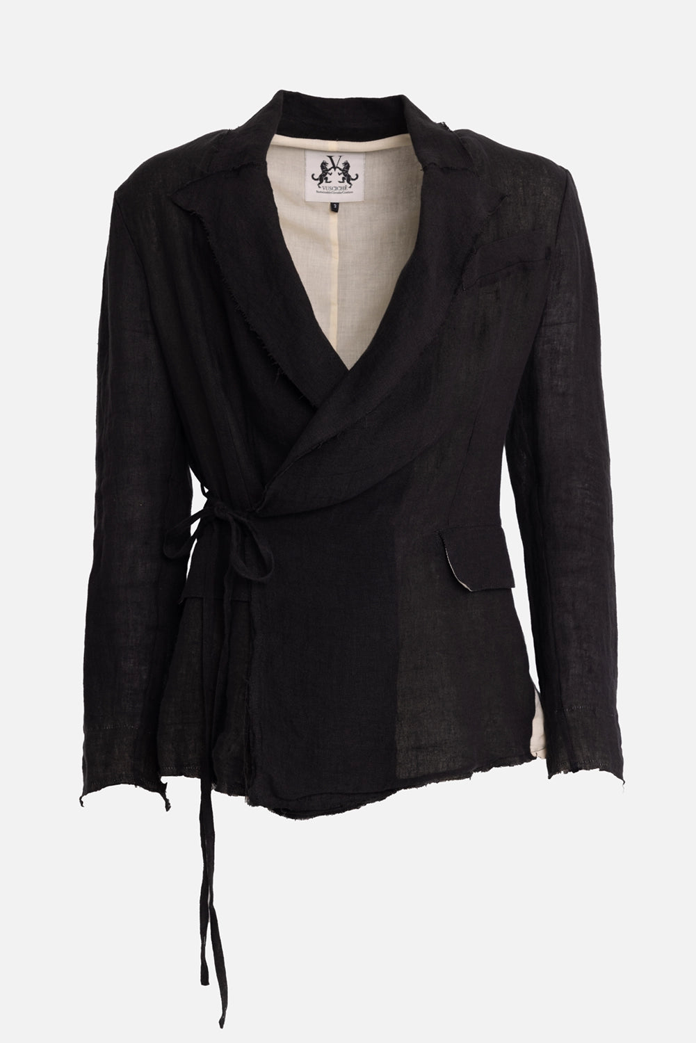 Vuscichè women's linen blazer in black, front view, frayed lapels and waist tie