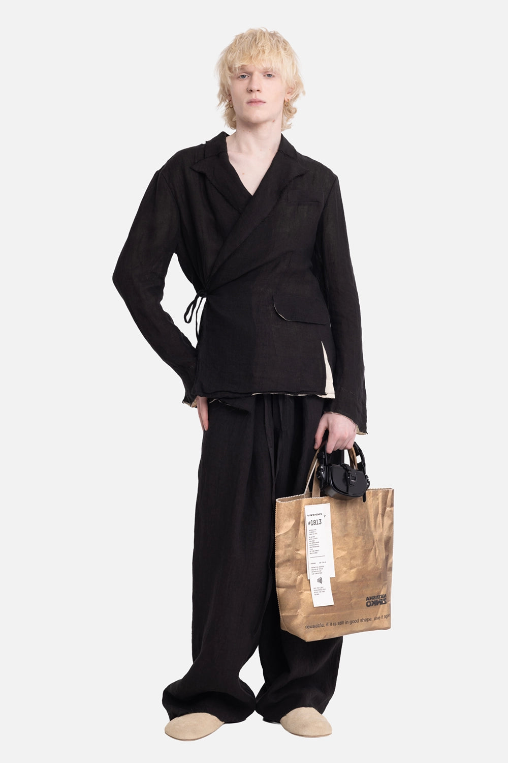 Vuscichè women's blazer in black, on-model full length, wrap front with side tie