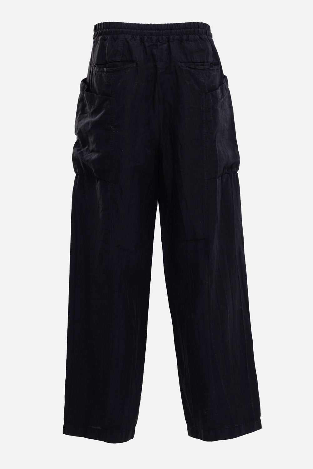 Comme des Garçons Homme men's cargo trousers in black, back view, elastic waist and rear welt pockets