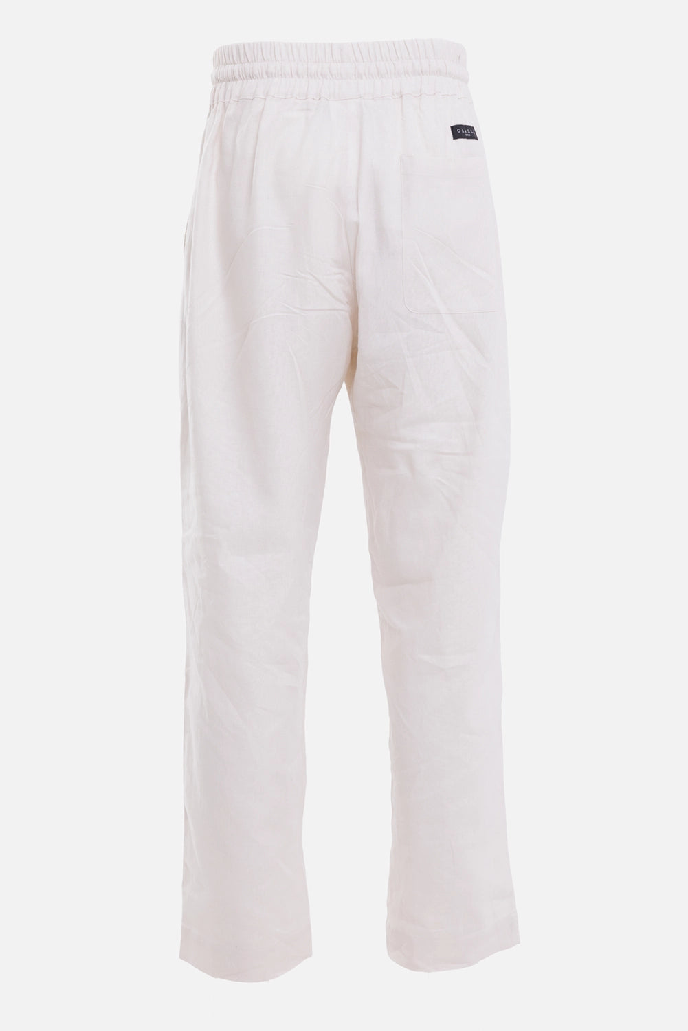 Gaëlle Paris men's linen trousers in beige, back view, elastic waist, patch pockets and small black logo label