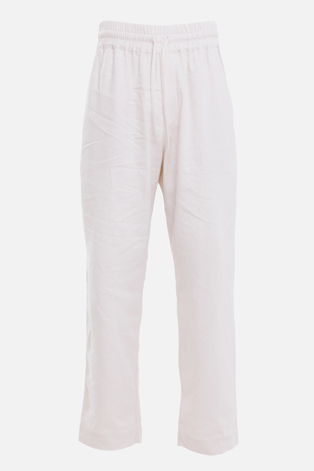 Gaëlle Paris men's linen trousers in beige, front view, matching drawstring, side pockets and crinkled texture