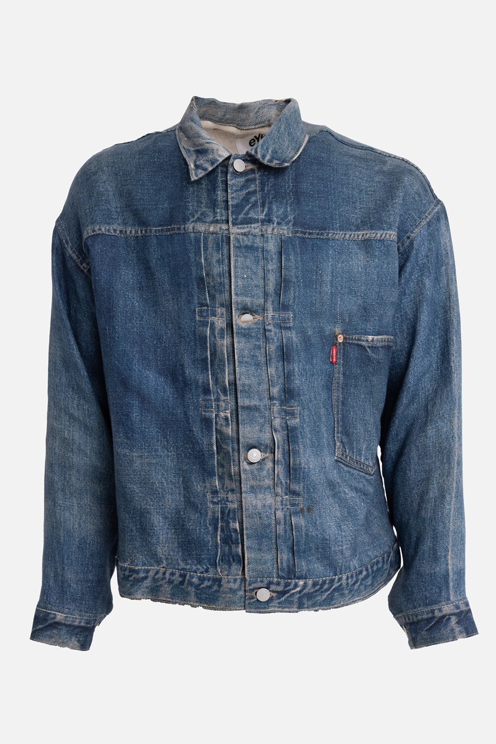 eYe JUNYA WATANABE MAN men's linen jacket in indigo, front view, red Levi's tab and metal buttons
