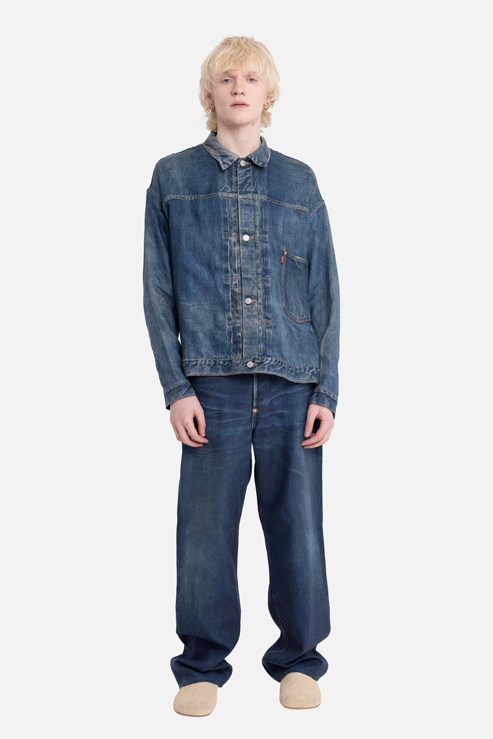 eYe JUNYA WATANABE MAN men's linen jacket in indigo, on-model full-length, faded denim print and chest pocket