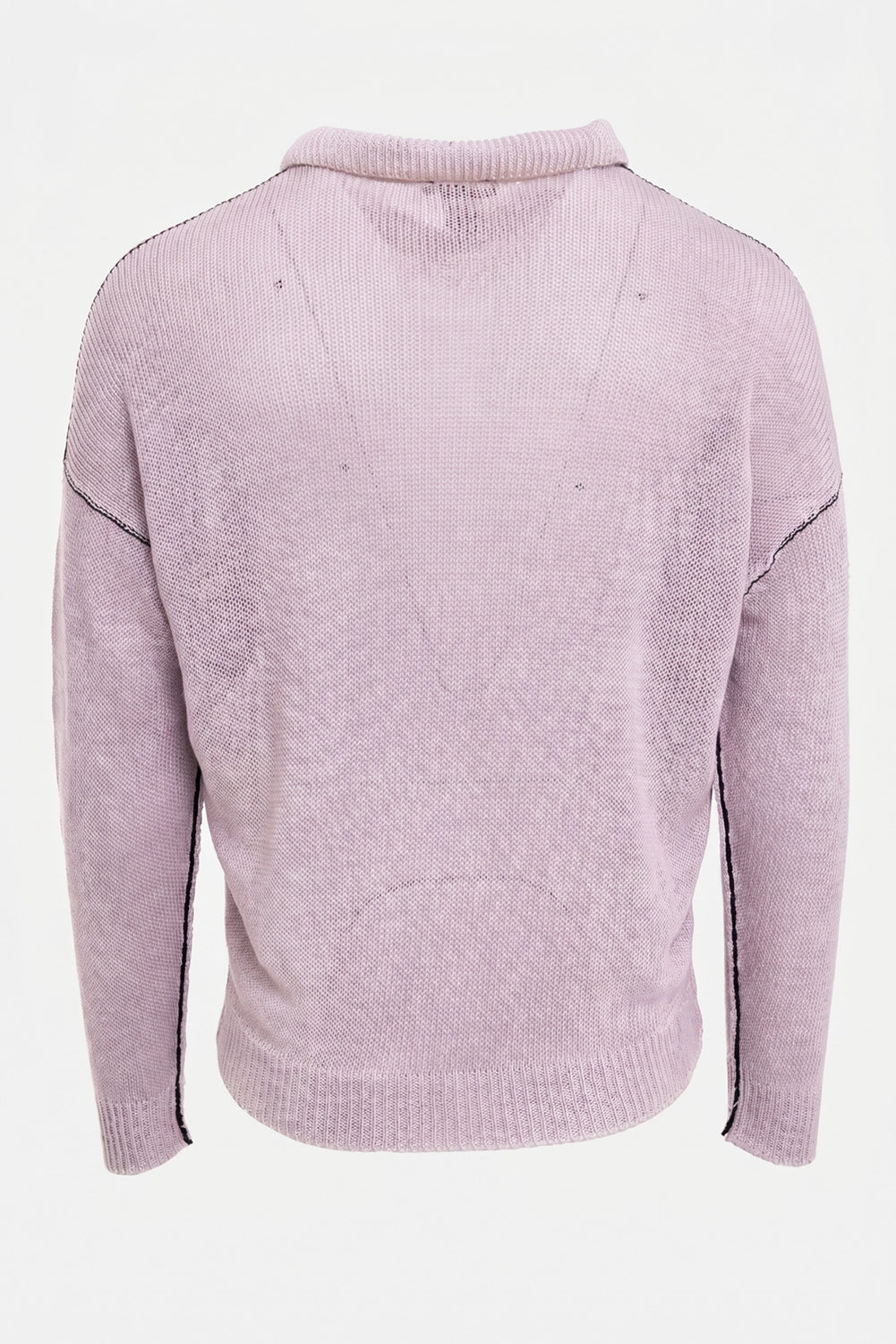 Avant Toi men's linen knit polo sweater in dusty pink, back view, semi-sheer knit and black sleeve seams