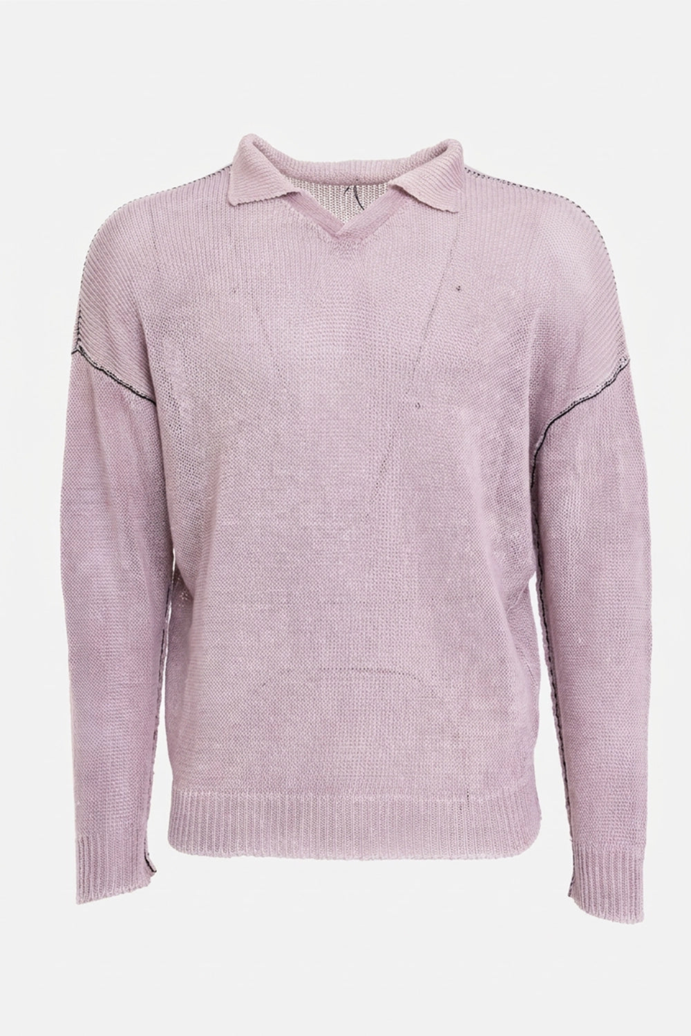 Avant Toi men's linen knit polo sweater in dusty pink, front view, open V collar and black contrast stitching