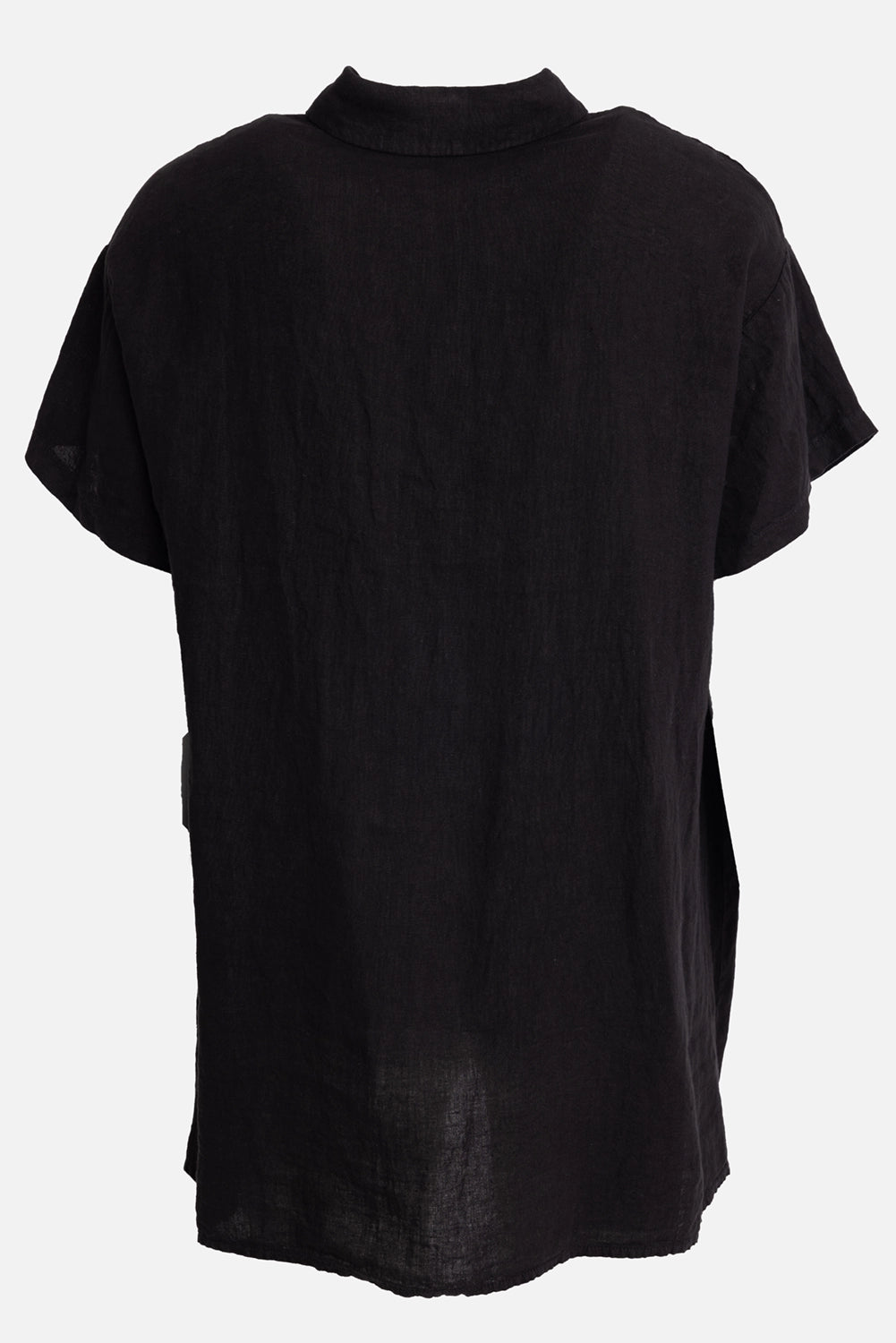 LA HAINE INSIDE US men's linen overshirt in black, back view, plain linen back and short sleeves