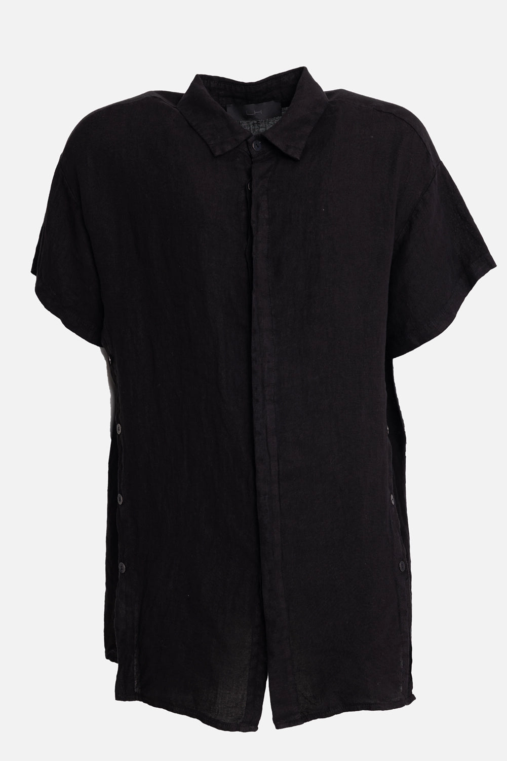LA HAINE INSIDE US men's linen overshirt in black, front view, concealed placket and side buttons