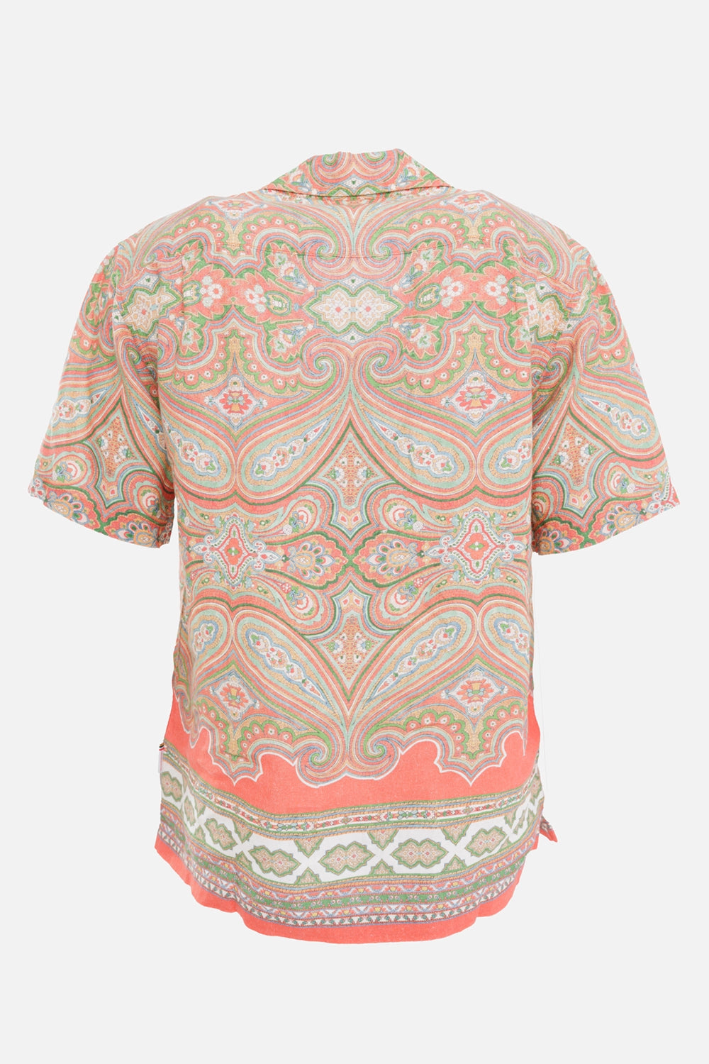 Orlebar Brown men's linen resort shirt in Vermillion, back view with short sleeves and printed border hem