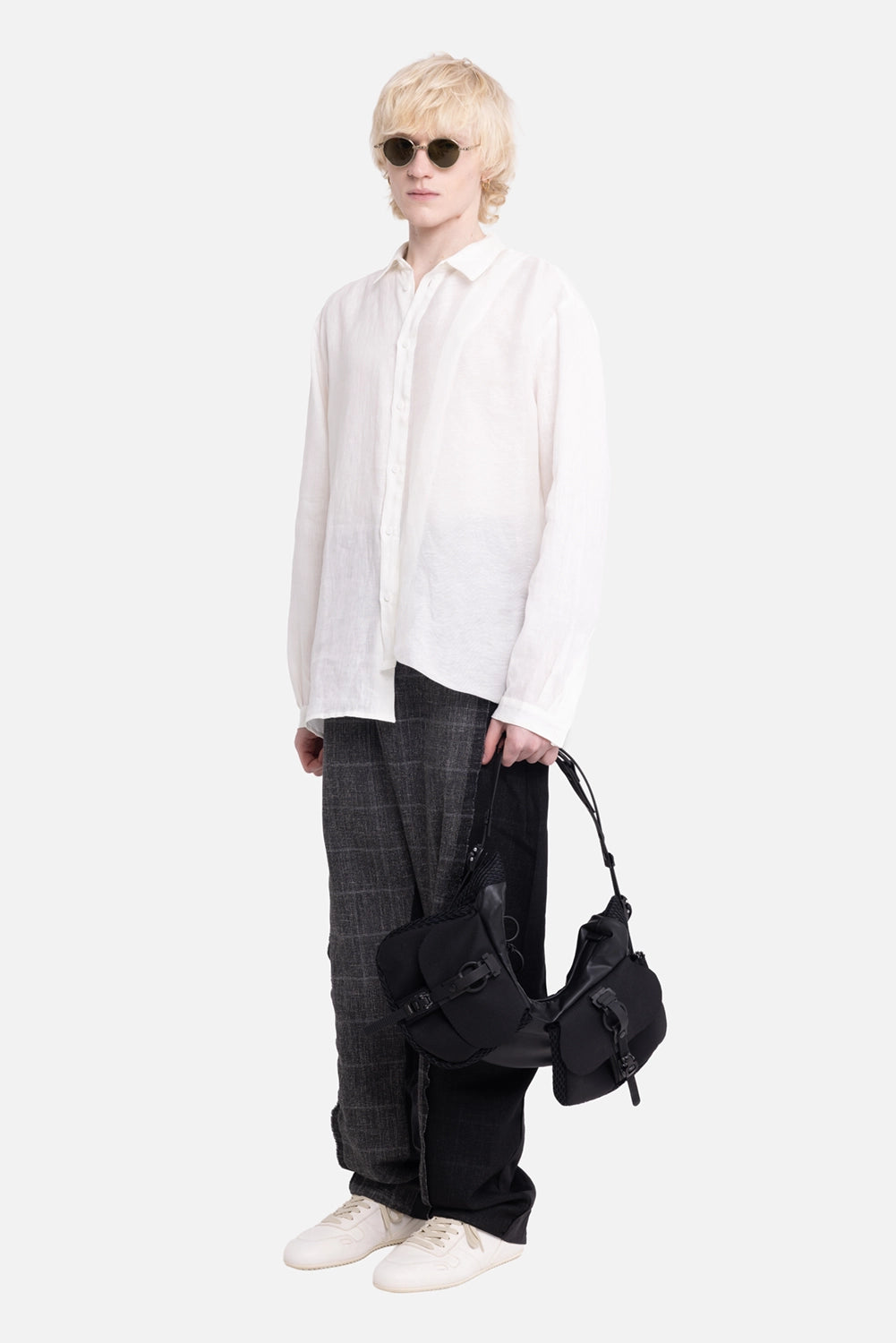 Giovanni Cavagna men's linen shirt in Butter, on-model full-length, semi-sheer body and button front