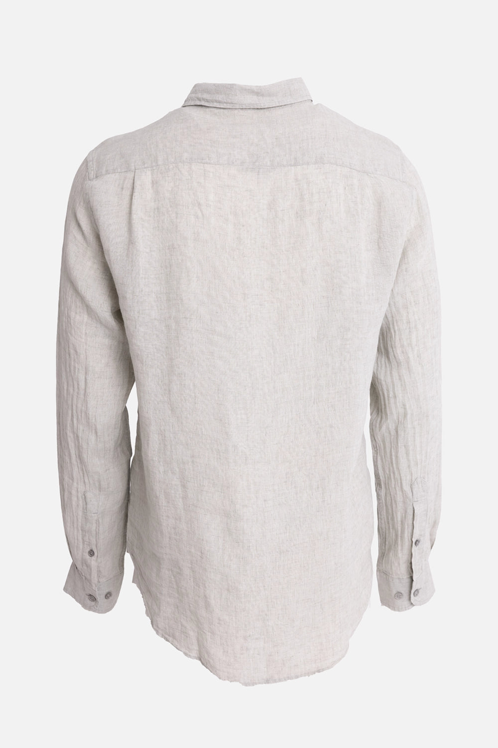 Orlebar Brown men's linen shirt in Cliff Grey, back view, clean yoke, long sleeves and buttoned cuffs