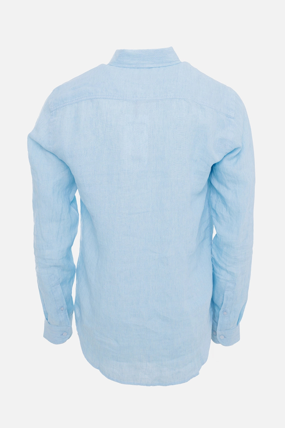 Orlebar Brown men's linen shirt in Riviera, back view with curved hem and buttoned cuffs