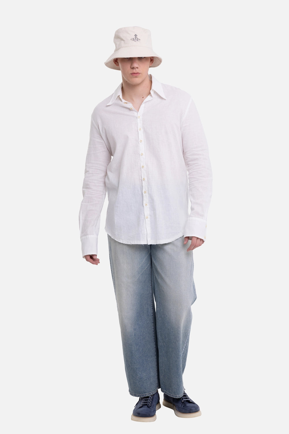 Marc Point men's linen shirt in white, on-model full-length view, button-down collar and curved raw hem