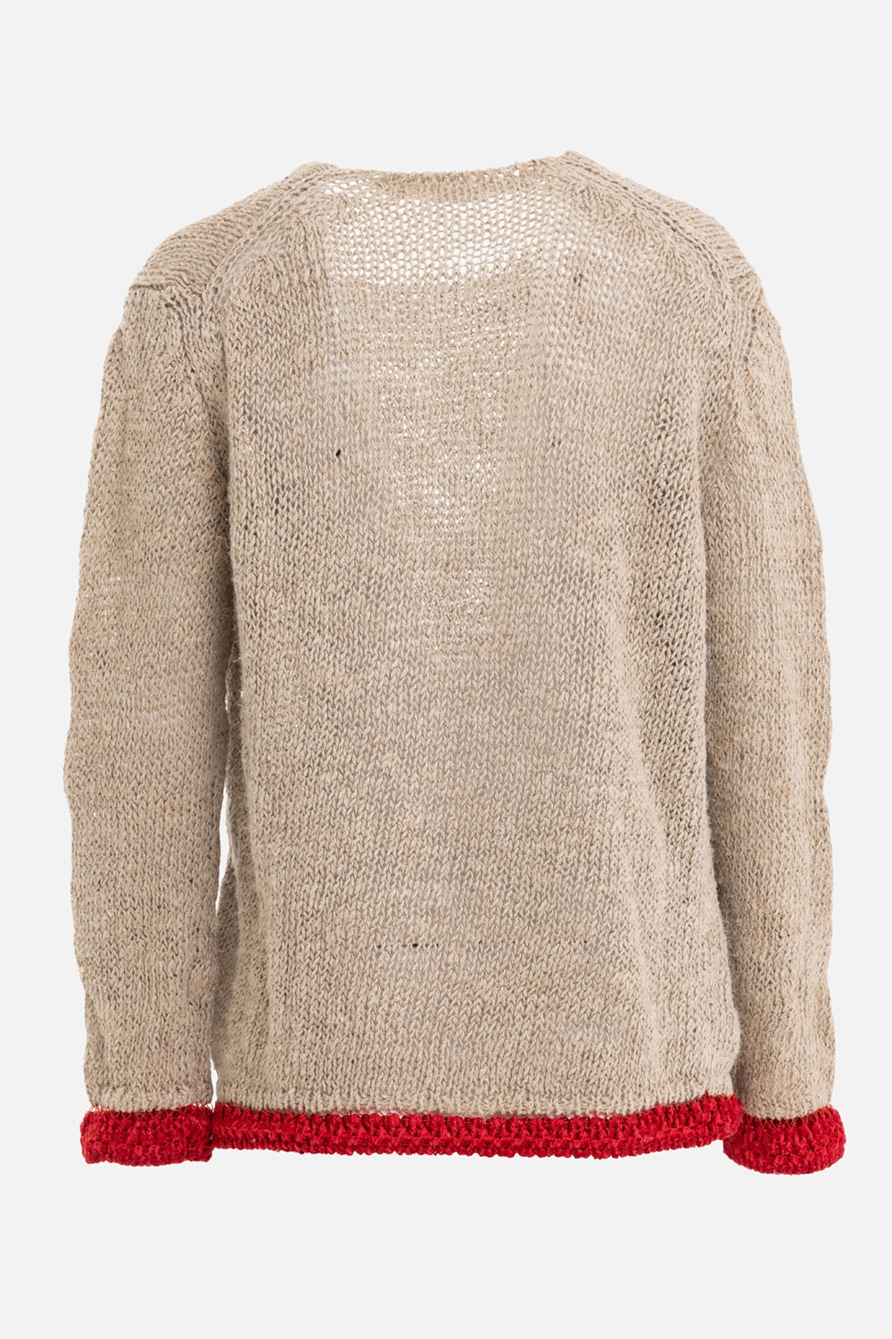 COMME des GARÇONS women's linen sweater in beige, back view, semi-sheer knit and red hem trim