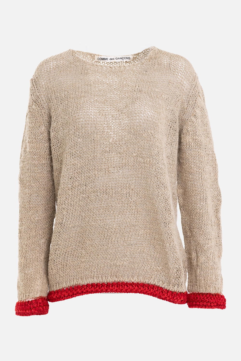 COMME des GARÇONS women's linen sweater in beige, front view, red cuffs and hem on mannequin