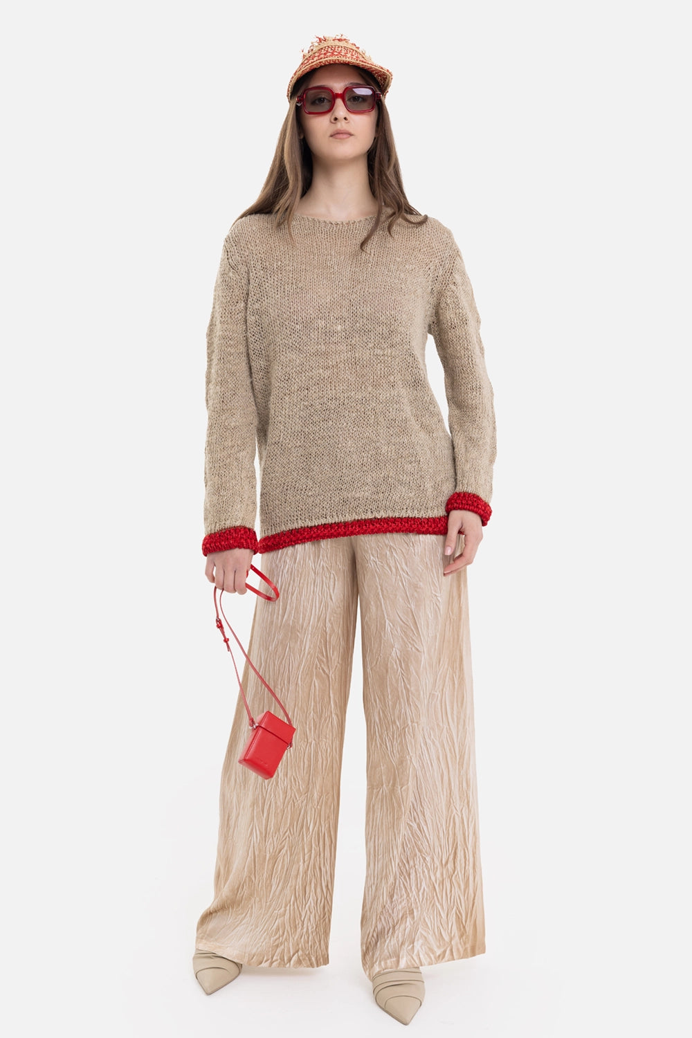 COMME des GARÇONS women's linen sweater in beige, on-model full length, red trim with wide trousers