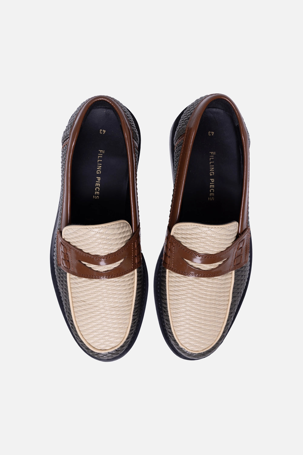 Filling Pieces men's loafers in Beige/Green, top view, quilted apron toe with penny strap detail