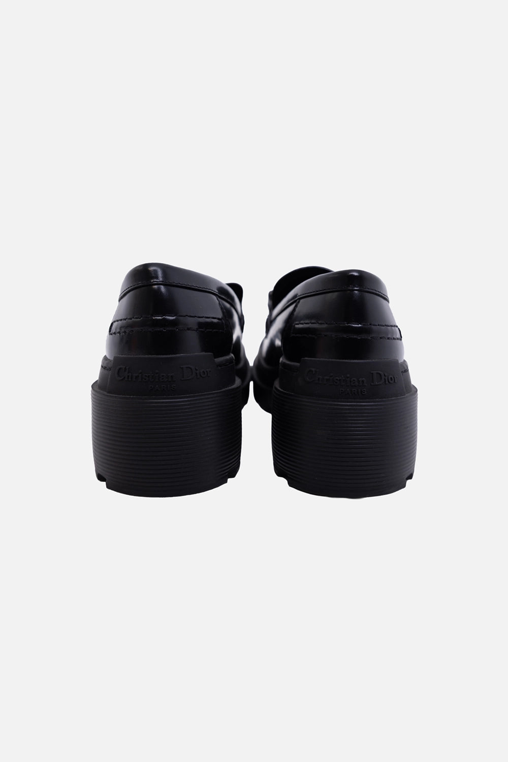 Pre-owned Christian Dior women's loafers in black, back view, embossed heel branding and lug heel