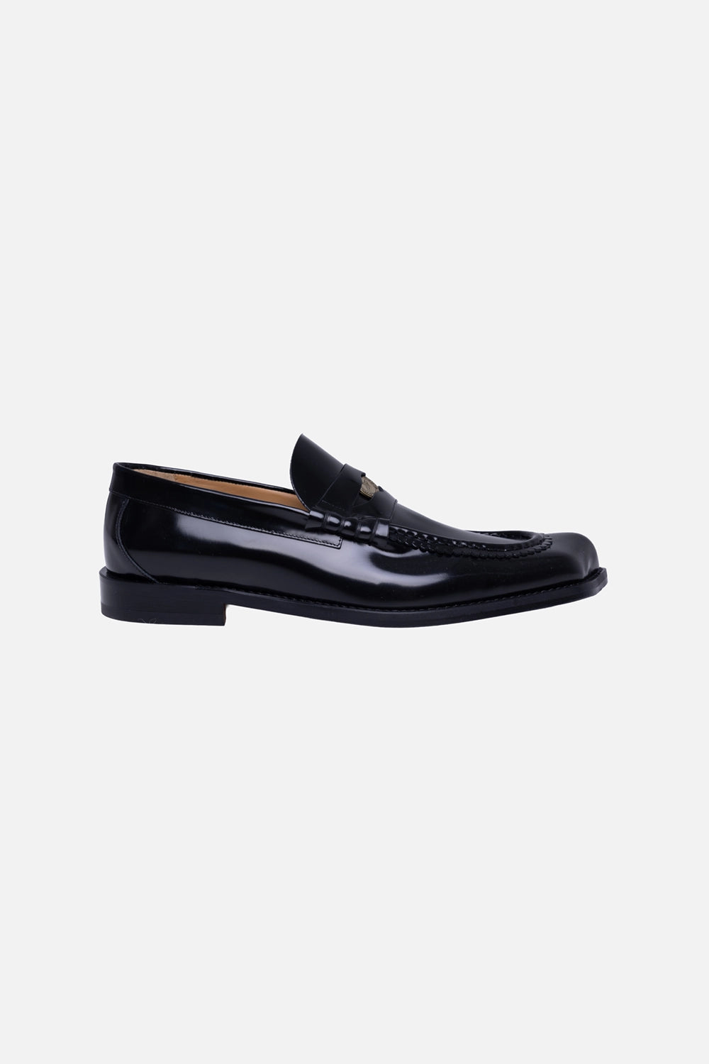 Vivienne Westwood men’s loafers in black, side view, glossy leather penny strap with moc-toe stitching