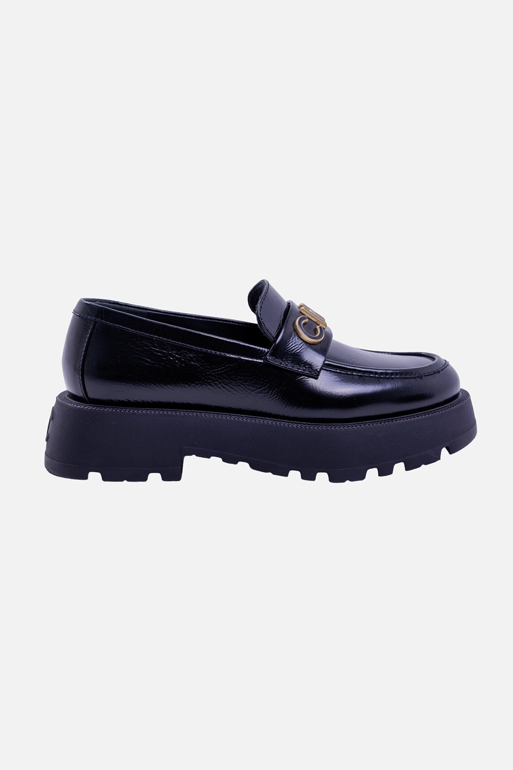 Chanel women's black leather loafers, side view with glossy upper, logo hardware and lugged platform sole
