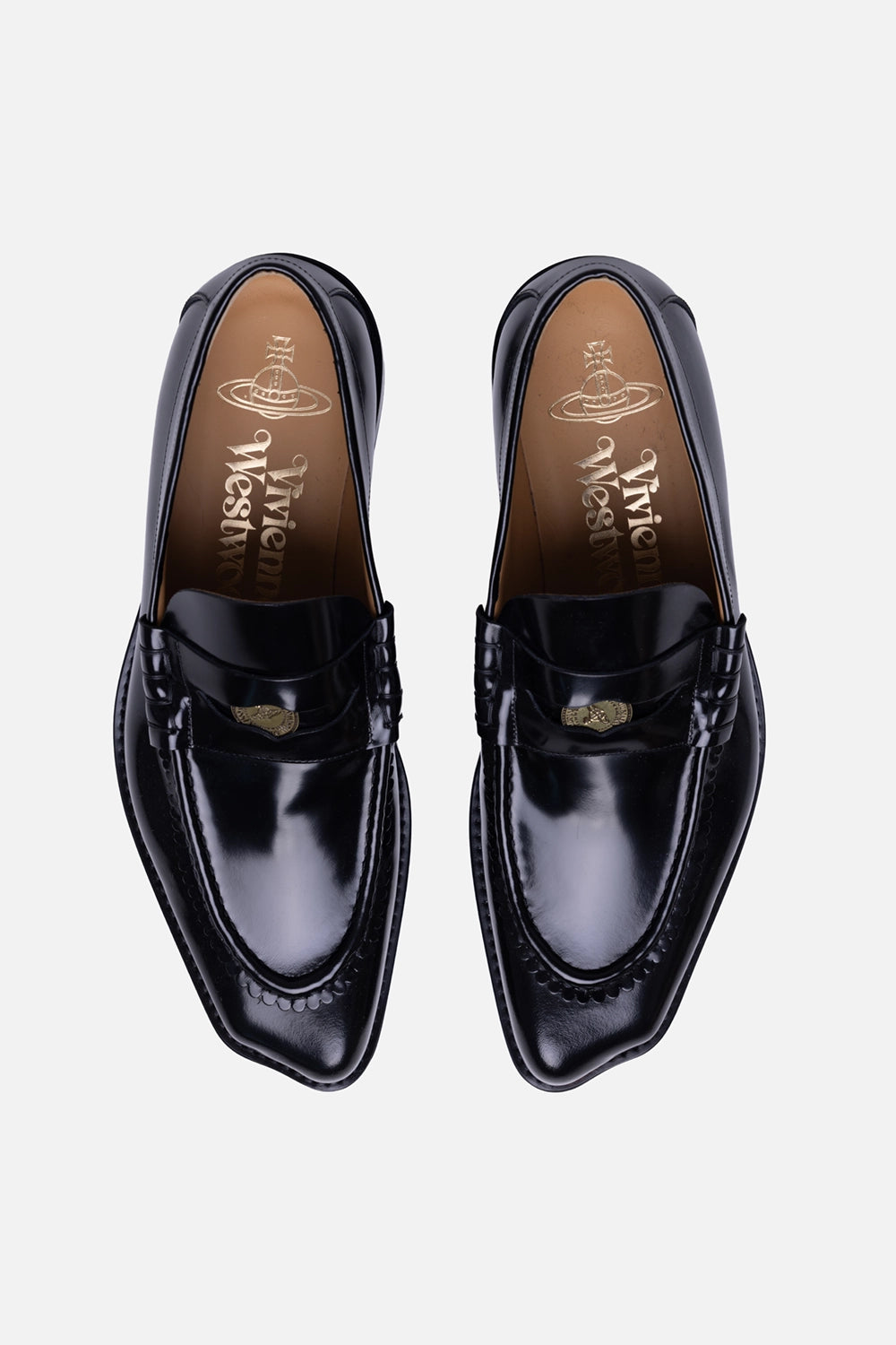 Vivienne Westwood men’s loafers in black, top view, slim silhouette with square moc-toe and coin strap