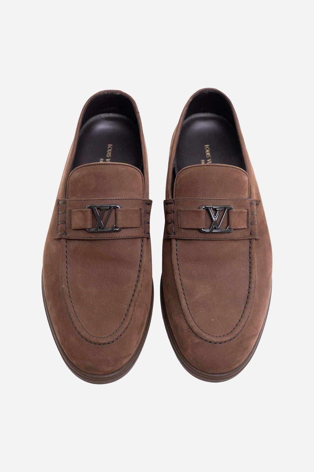 Pre-owned Louis Vuitton men’s loafers in moka brown, angled pair view, LV buckle detail