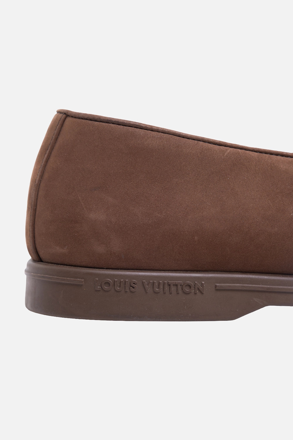 Pre-owned Louis Vuitton men’s loafers in moka brown, outsole view, embossed LV logo