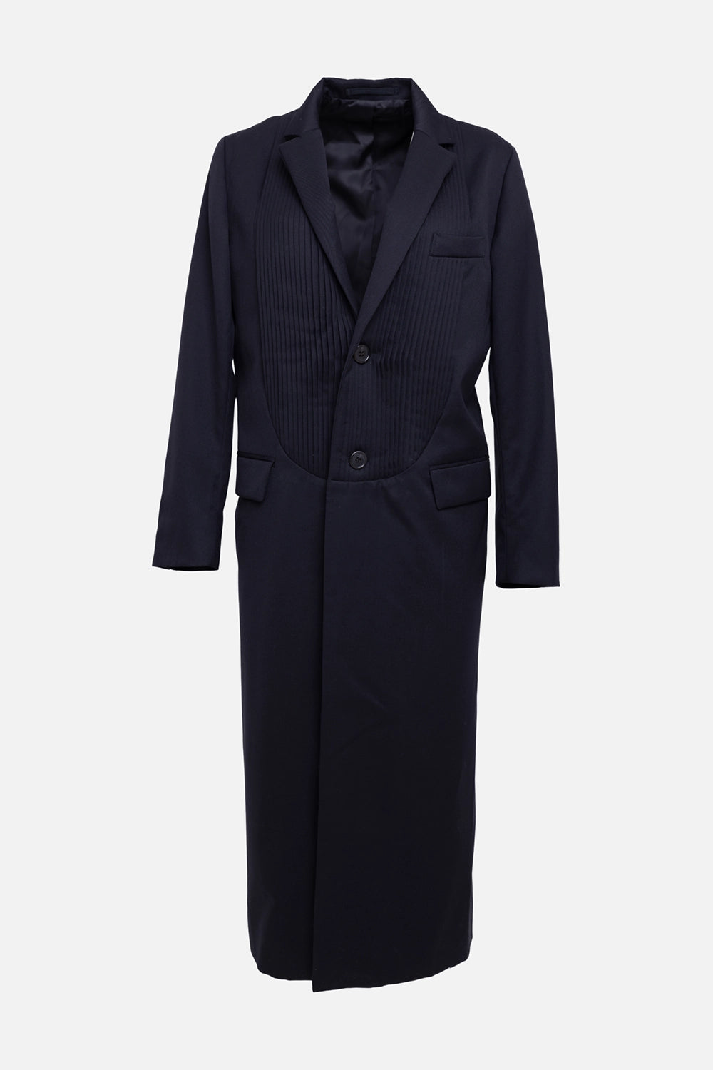 Pre-owned Noir Kei Ninomiya women's long coat in black, front view, pin-tuck pleated bib panel and two-button closure