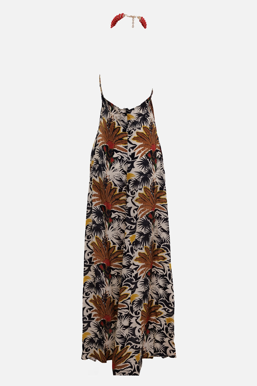 Anjuna women long dress in Desert Cognac, back view, open back straps and silver necklace clasp