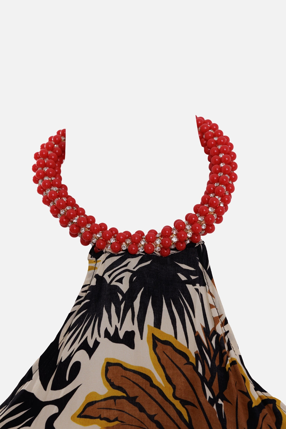 Anjuna women long dress in Desert Cognac, neckline detail, red beads with clear jewel spacers
