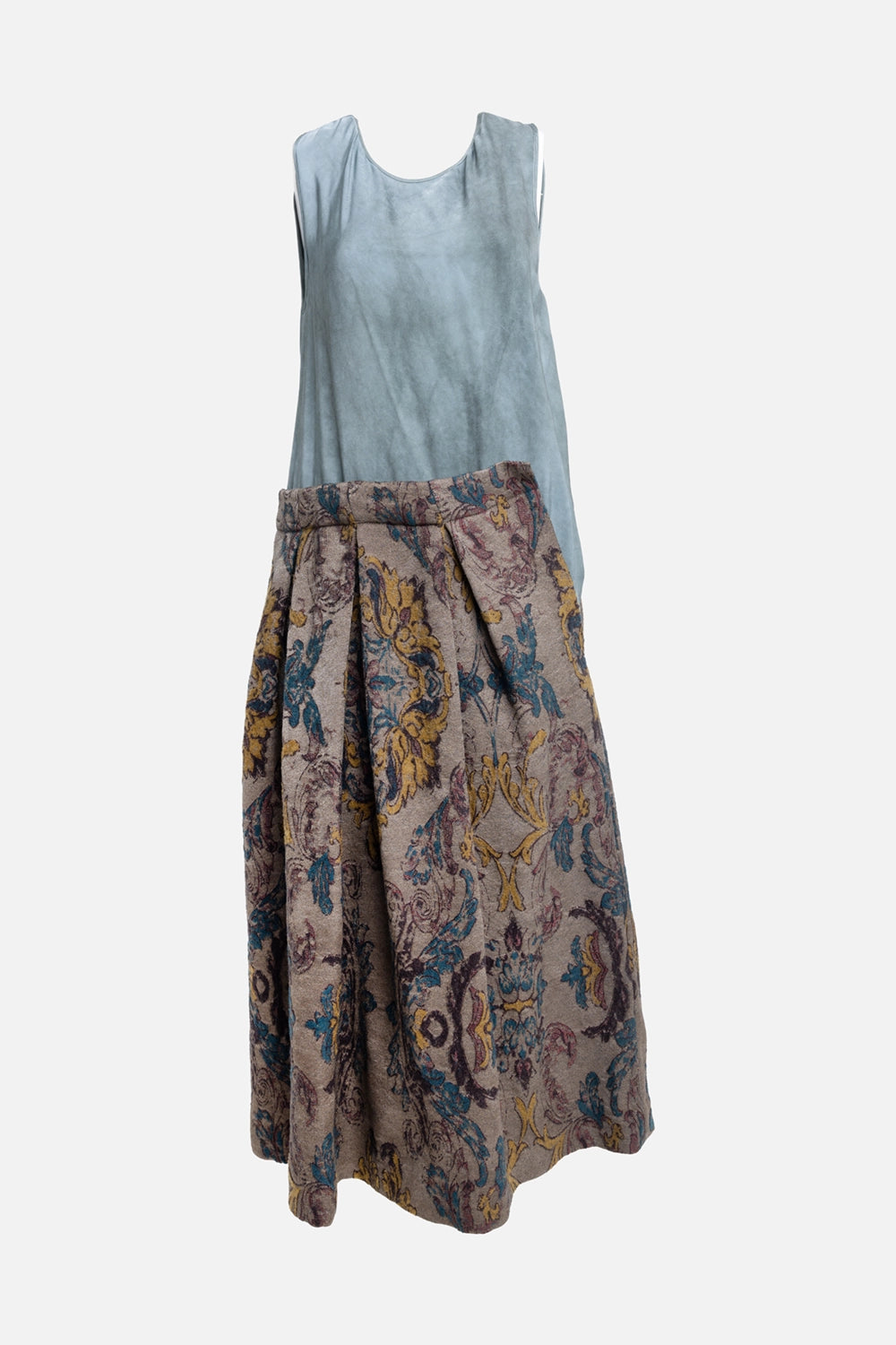 Pre-owned Uma Wang women’s long dress in tan/blue/brown, front view, sleeveless blue top with tapestry jacquard skirt panel
