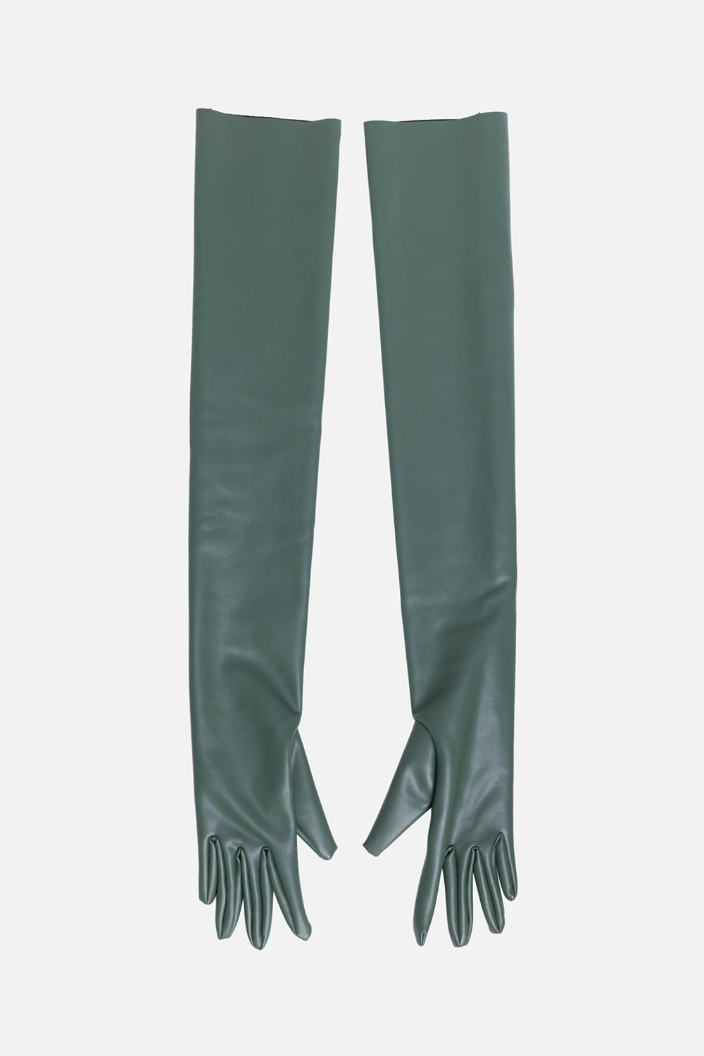 Norma Kamali women’s long gloves in dark emerald, front view, smooth vegan leather with pointed fingertips
