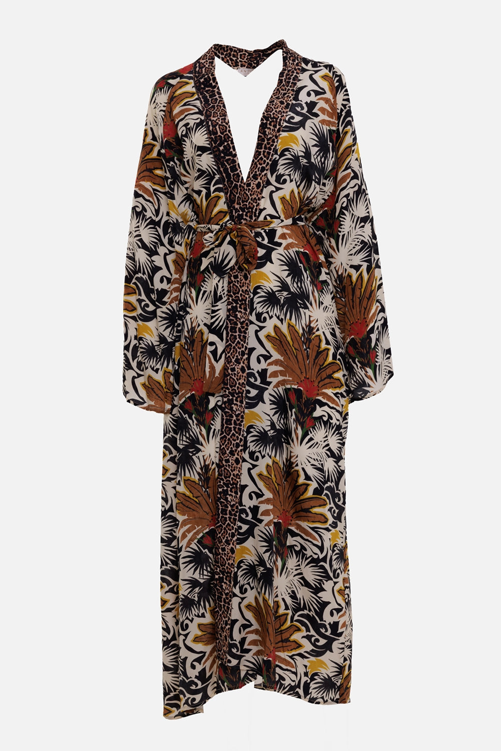 Aniye By women's long kimono in Desert Cognac, front view, leopard-print lapels and self-tie belt