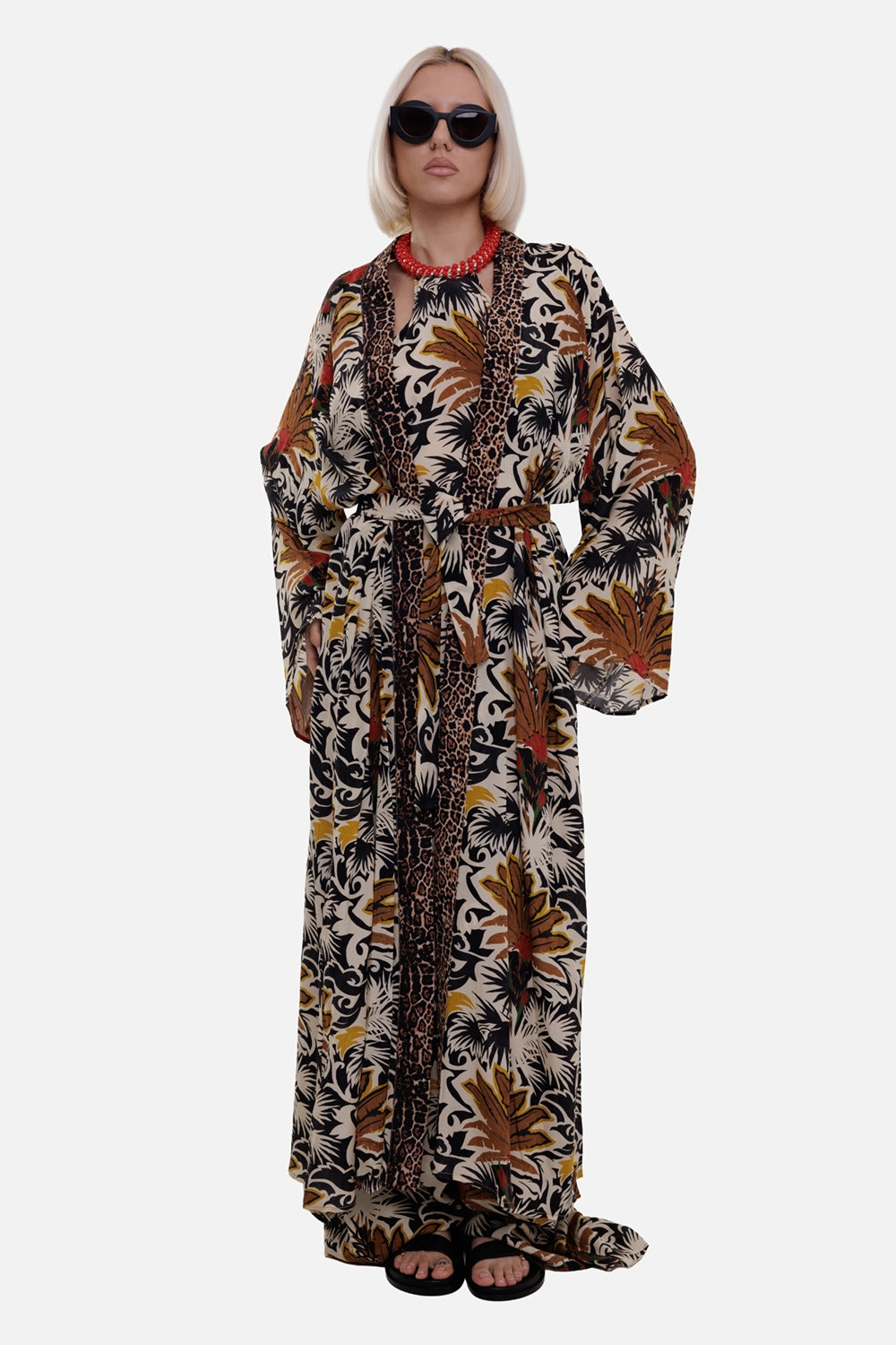 Aniye By women's long kimono in Desert Cognac, on-model full length, wide sleeves and tie waist