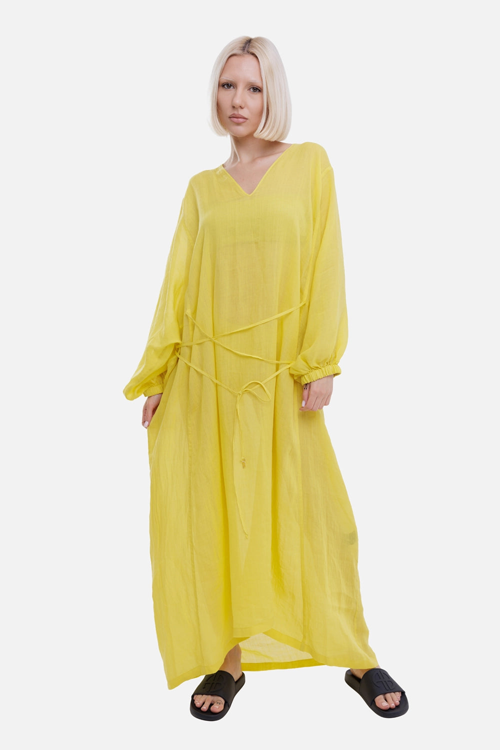 Fisico women's long kimono dress in Limone, on-model full length, crossed waist ties and elastic cuffs