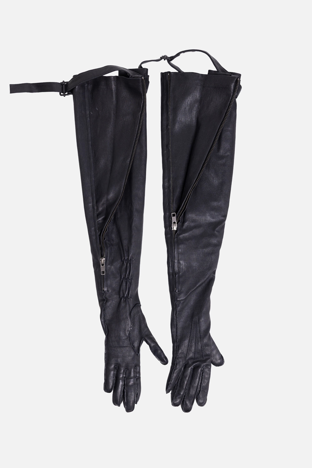 Pre-owned Ann Demeulemeester women's long leather gloves in black, back view, ruched forearm stitching and belt straps