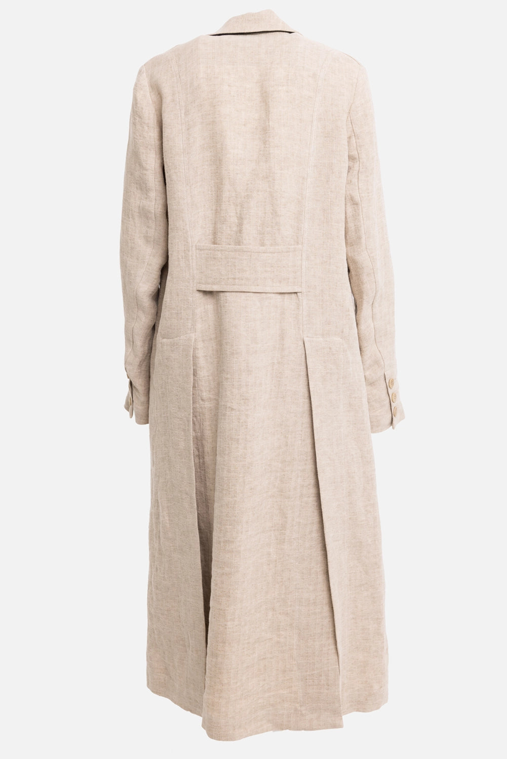 Gentry Portofino women's long jacket in corda, back view, half-belt tab and deep back opening
