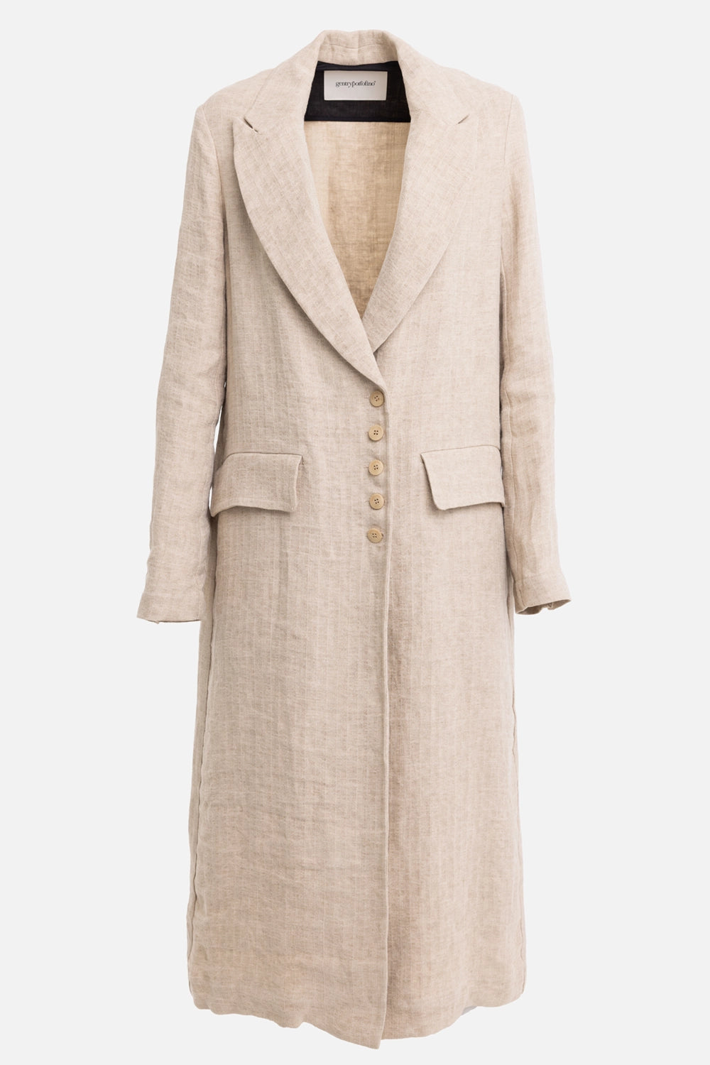 Gentry Portofino women's long jacket in corda, front view, broad lapels, flap pockets and button front
