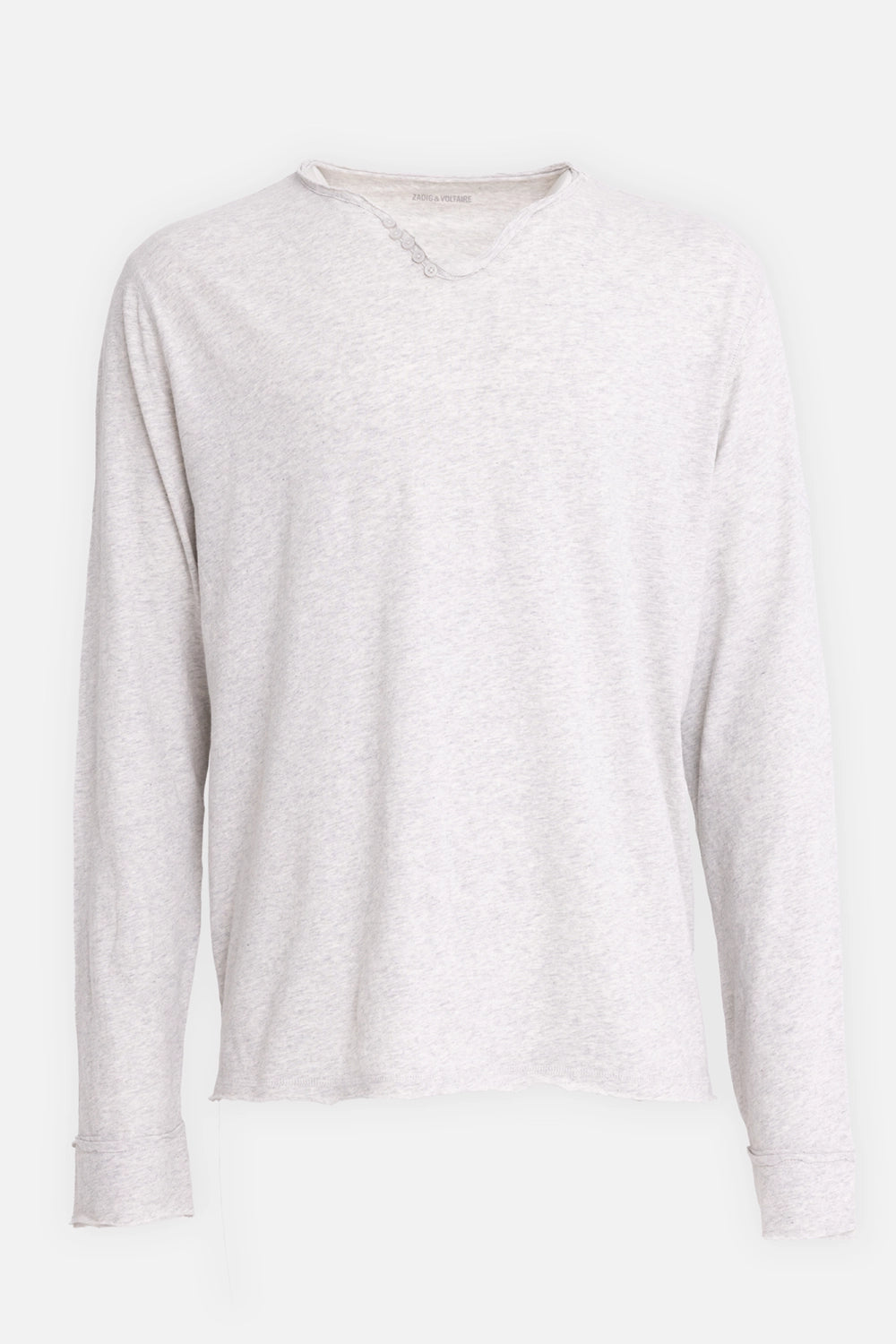 Zadig&Voltaire men's Henley T-shirt in light heather grey, front view with raw V-neck and button placket
