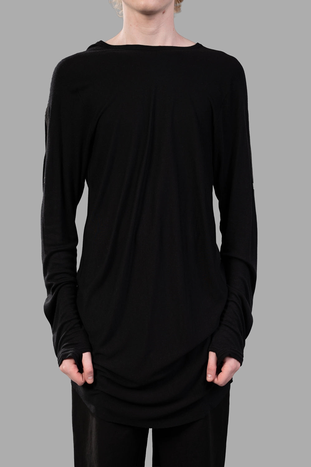 69 by Isaac Sellam long-sleeve t-shirt in black, front view, relaxed jersey drape and thumbhole cuffs