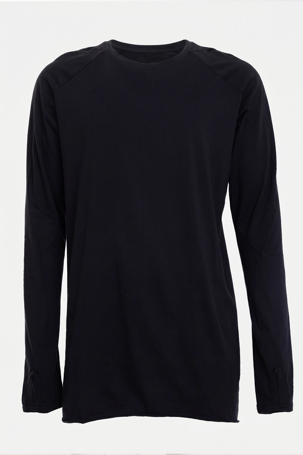 69 by Isaac Sellam men's long-sleeve T-shirt in black, front view, crew neck and curved seams