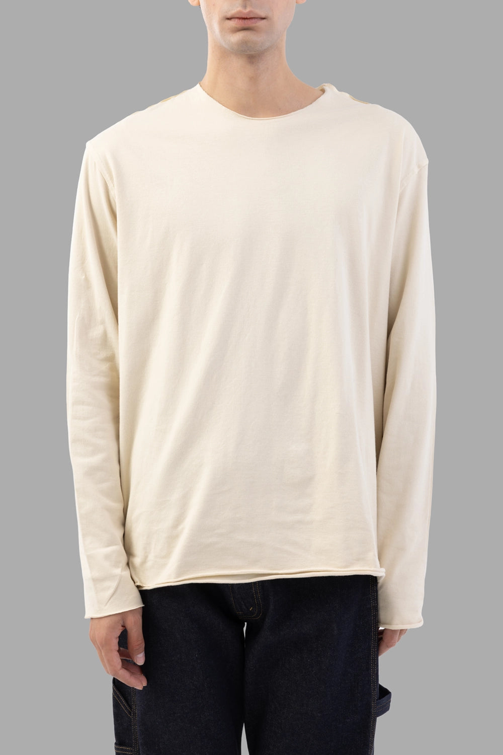 Attachment long-sleeve T-shirt in ecru, front view, raw-edge crew neck