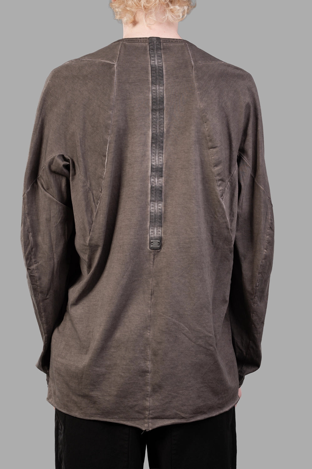 69 by Isaac Sellam long-sleeve t-shirt in taupe, back view, leather spine taping and overlock seams