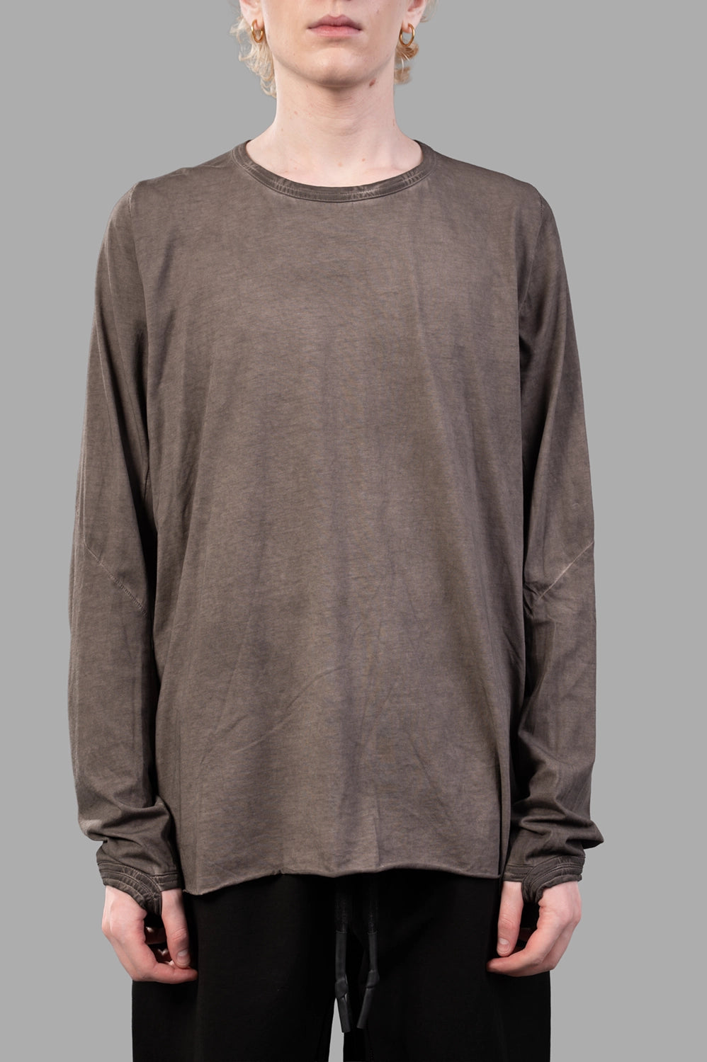 69 by Isaac Sellam long-sleeve t-shirt in taupe, front view, bound crew neck and thumbhole cuffs