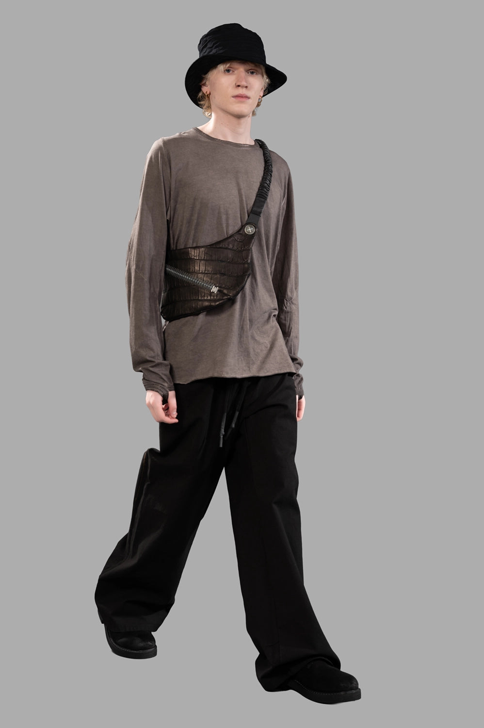 69 by Isaac Sellam long-sleeve t-shirt in taupe, on-model full length, relaxed drape and extended sleeves