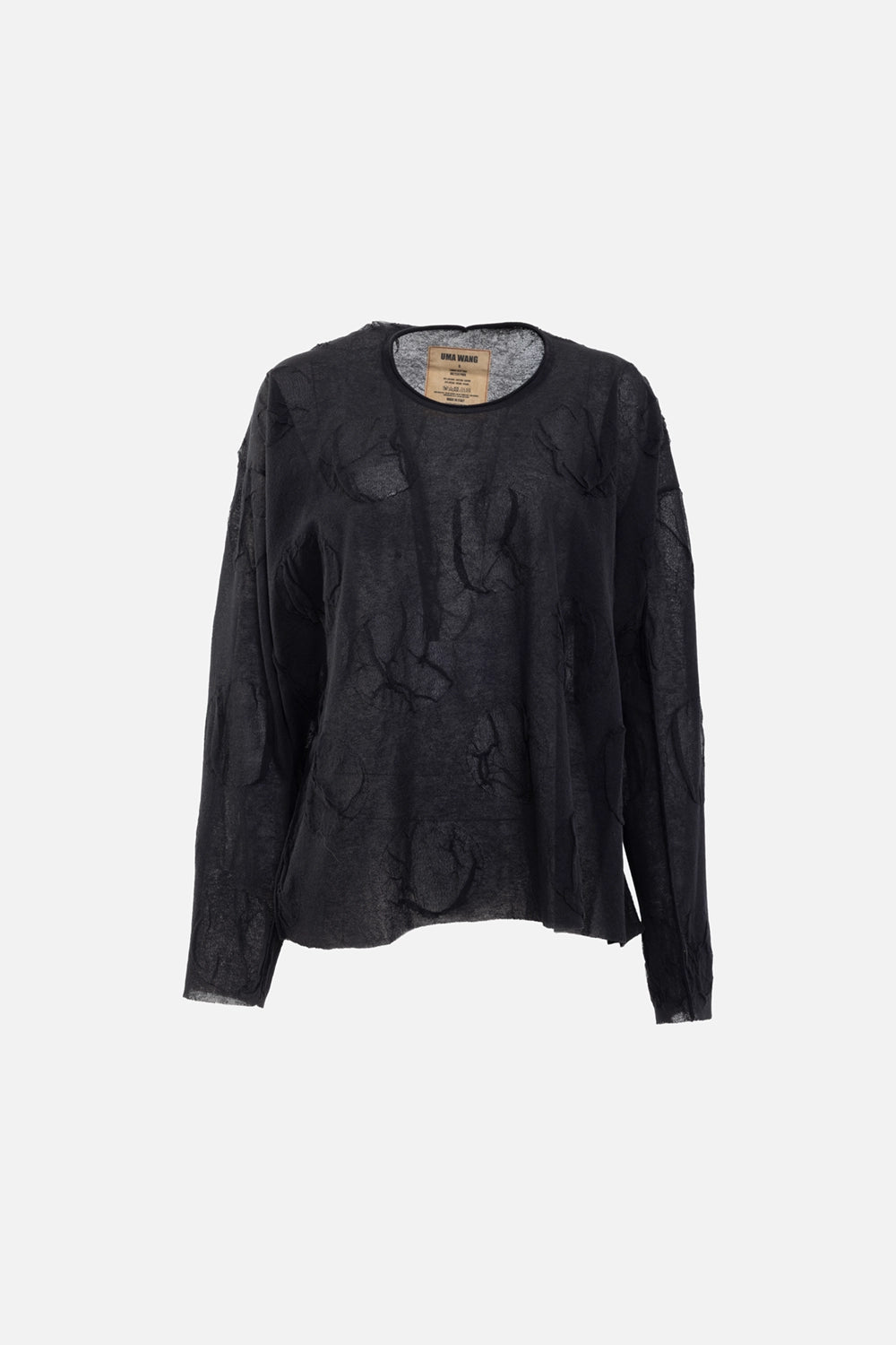 Uma Wang women's long-sleeve tee in black, front view, semi-sheer fabric with tonal circular motifs