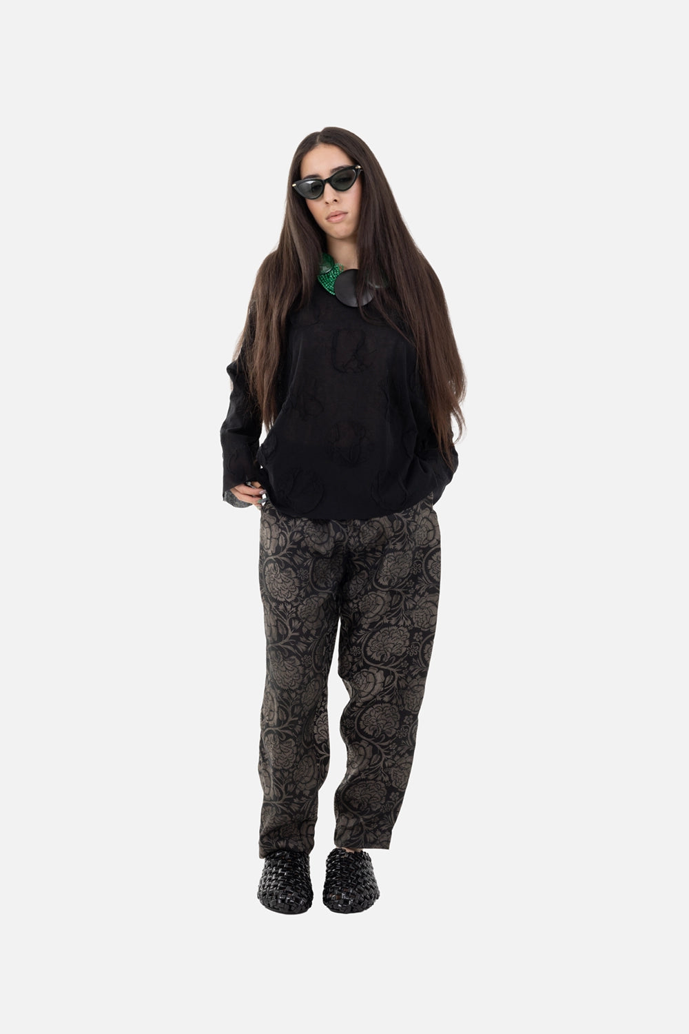 Uma Wang women's long-sleeve tee in black, on-model full-length, round neck with lightweight semi-sheer texture