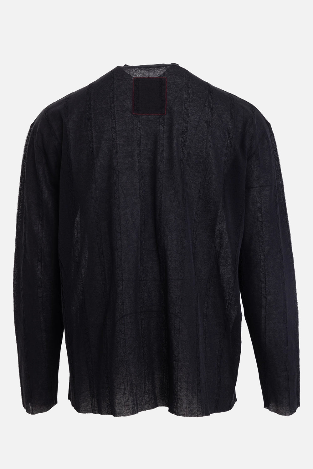 Uma Wang men's long-sleeve top in black, back view, signature square stitch and sheer striped knit