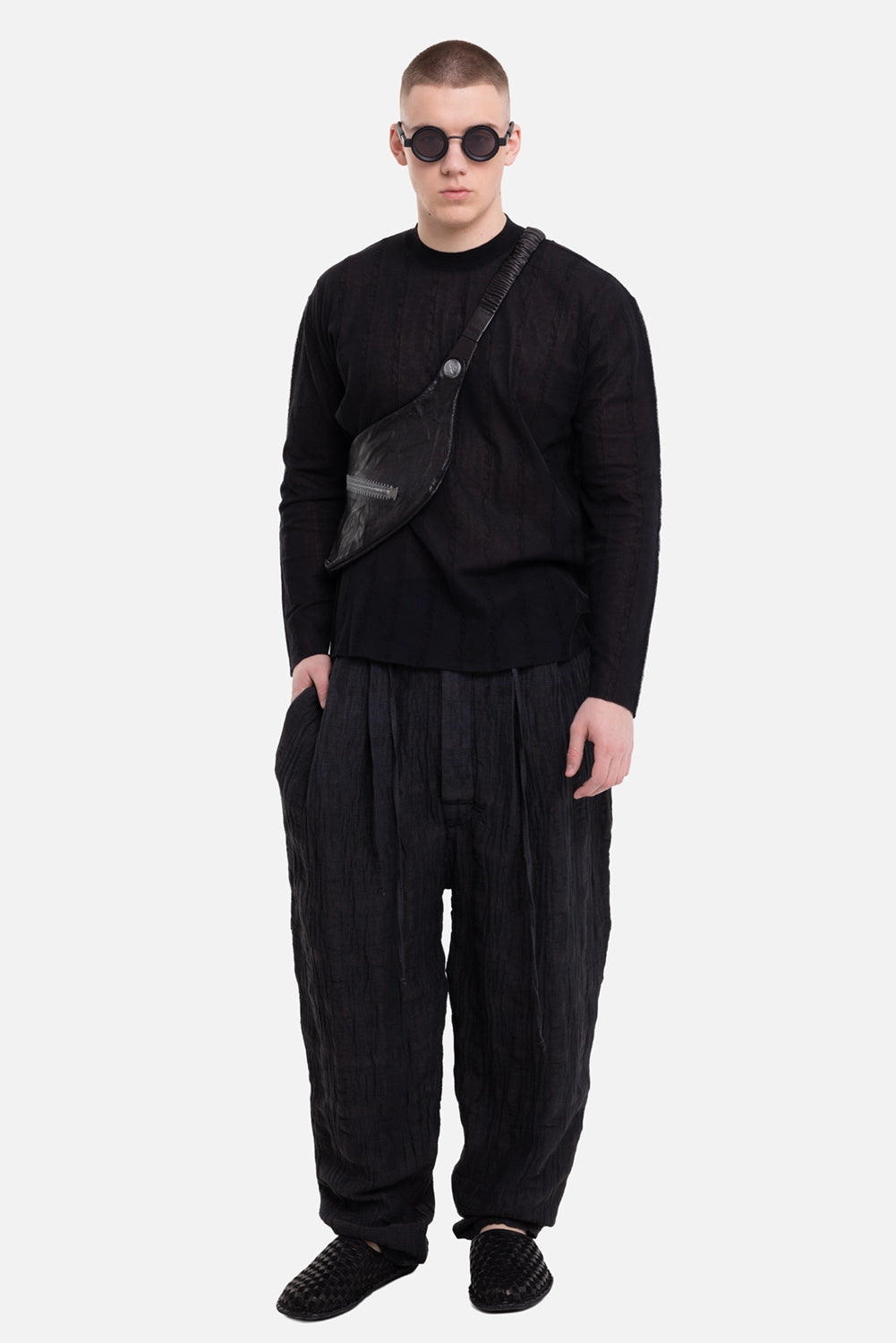 Uma Wang men's long-sleeve top in black, on-model full-length view, relaxed fit with vertical texture
